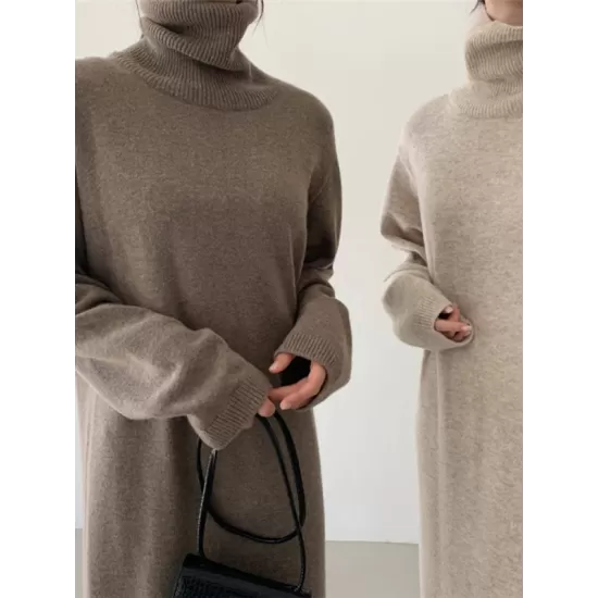 Casual Long Sleeves Loose Solid Color High-Neck Sweater Dresses Casual Long Sleeves Loose Solid Color High-Neck Sweater Dresses