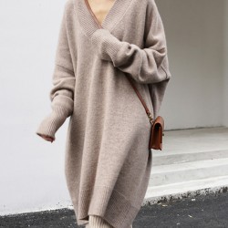 Stylish Long Sleeves Loose Solid Color V-Neck Sweater Dresses