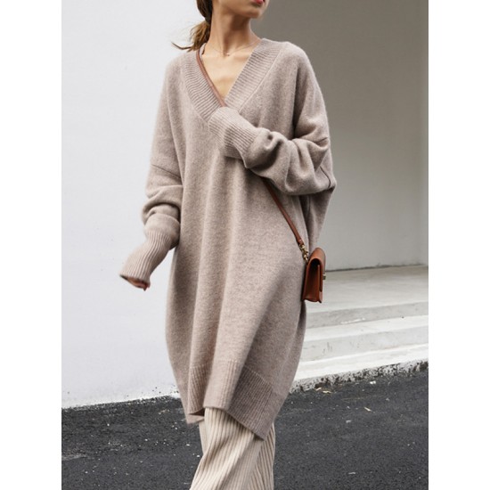 Stylish Long Sleeves Loose Solid Color V-Neck Sweater Dresses Stylish Long Sleeves Loose Solid Color V-Neck Sweater Dresses