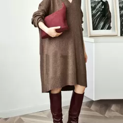 Stylish Long Sleeves Loose Solid Color V-Neck Sweater Dresses