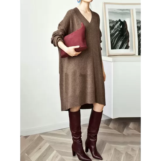 Stylish Long Sleeves Loose Solid Color V-Neck Sweater Dresses Stylish Long Sleeves Loose Solid Color V-Neck Sweater Dresses
