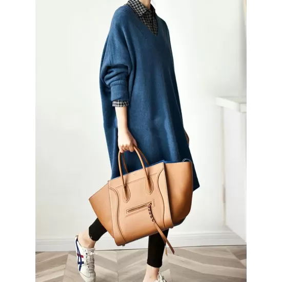 Stylish Long Sleeves Loose Solid Color V-Neck Sweater Dresses Stylish Long Sleeves Loose Solid Color V-Neck Sweater Dresses
