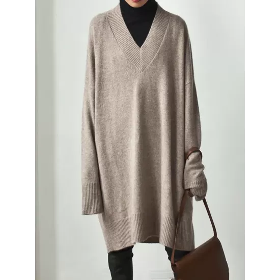 Stylish Long Sleeves Loose Solid Color V-Neck Sweater Dresses Stylish Long Sleeves Loose Solid Color V-Neck Sweater Dresses