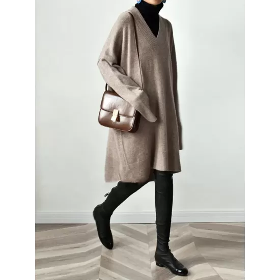 Stylish Long Sleeves Loose Solid Color V-Neck Sweater Dresses Stylish Long Sleeves Loose Solid Color V-Neck Sweater Dresses