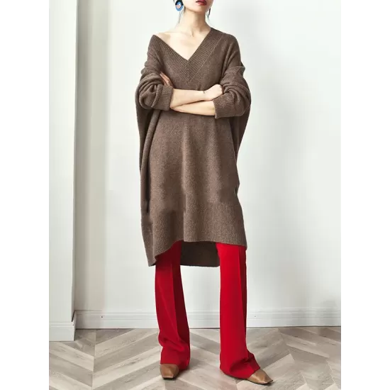 Stylish Long Sleeves Loose Solid Color V-Neck Sweater Dresses Stylish Long Sleeves Loose Solid Color V-Neck Sweater Dresses