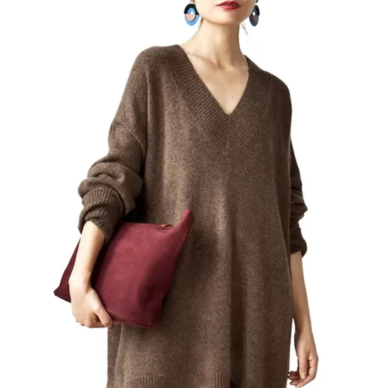 Stylish Long Sleeves Loose Solid Color V-Neck Sweater Dresses Stylish Long Sleeves Loose Solid Color V-Neck Sweater Dresses