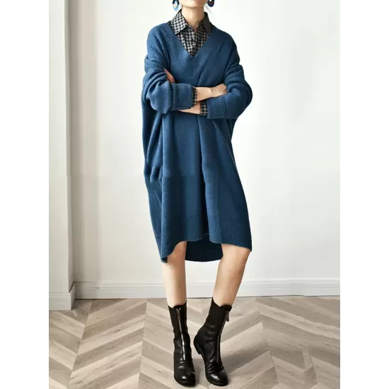 Stylish Long Sleeves Loose Solid Color V-Neck Sweater Dresses Stylish Long Sleeves Loose Solid Color V-Neck Sweater Dresses