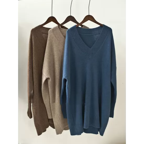 Stylish Long Sleeves Loose Solid Color V-Neck Sweater Dresses Stylish Long Sleeves Loose Solid Color V-Neck Sweater Dresses