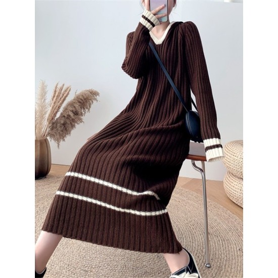 Urban Long Sleeves Loose Striped V-Neck Hooded Sweater Dresses Urban Long Sleeves Loose Striped V-Neck Hooded Sweater Dresses