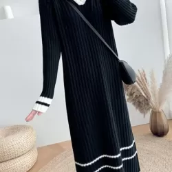 Urban Long Sleeves Loose Striped V-Neck Hooded Sweater Dresses