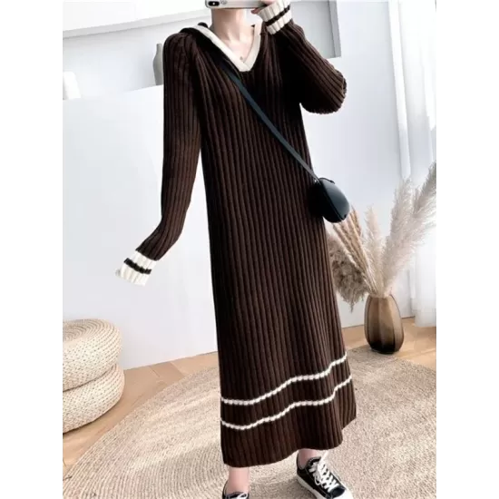 Urban Long Sleeves Loose Striped V-Neck Hooded Sweater Dresses Urban Long Sleeves Loose Striped V-Neck Hooded Sweater Dresses