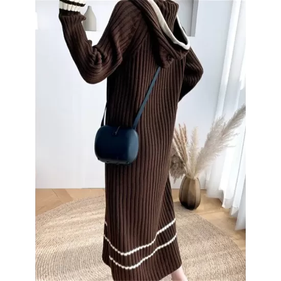 Urban Long Sleeves Loose Striped V-Neck Hooded Sweater Dresses Urban Long Sleeves Loose Striped V-Neck Hooded Sweater Dresses