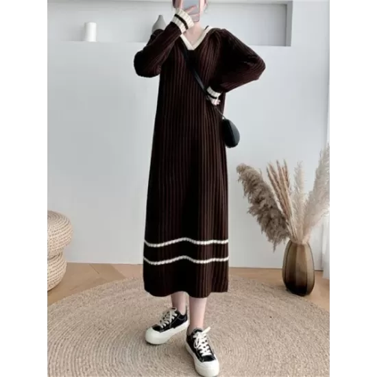 Urban Long Sleeves Loose Striped V-Neck Hooded Sweater Dresses Urban Long Sleeves Loose Striped V-Neck Hooded Sweater Dresses