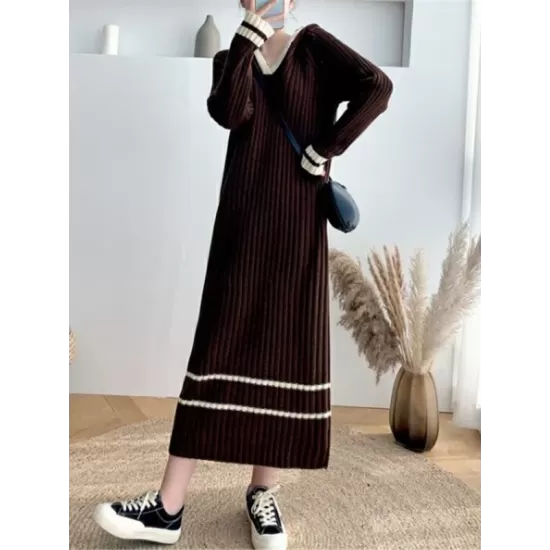 Urban Long Sleeves Loose Striped V-Neck Hooded Sweater Dresses Urban Long Sleeves Loose Striped V-Neck Hooded Sweater Dresses