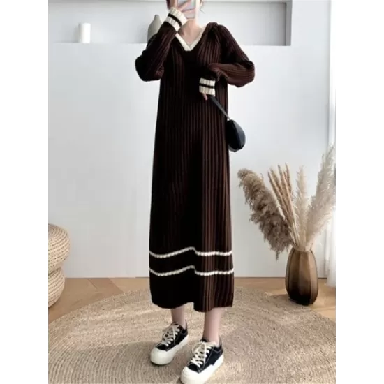 Urban Long Sleeves Loose Striped V-Neck Hooded Sweater Dresses Urban Long Sleeves Loose Striped V-Neck Hooded Sweater Dresses
