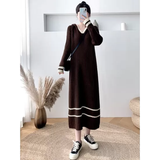 Urban Long Sleeves Loose Striped V-Neck Hooded Sweater Dresses Urban Long Sleeves Loose Striped V-Neck Hooded Sweater Dresses