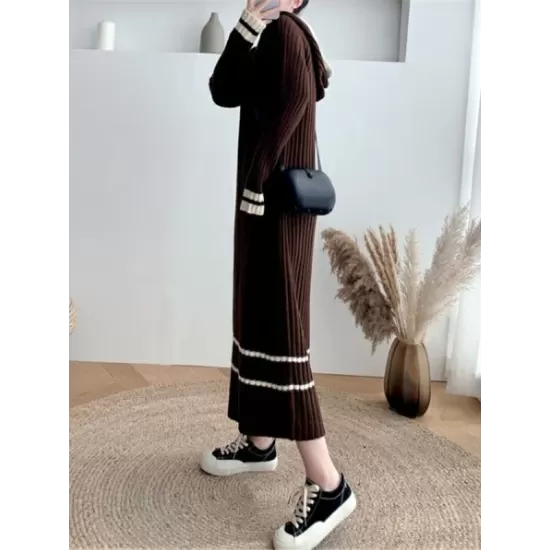 Urban Long Sleeves Loose Striped V-Neck Hooded Sweater Dresses Urban Long Sleeves Loose Striped V-Neck Hooded Sweater Dresses