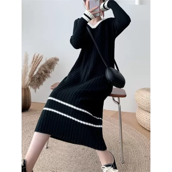 Urban Long Sleeves Loose Striped V-Neck Hooded Sweater Dresses Urban Long Sleeves Loose Striped V-Neck Hooded Sweater Dresses
