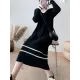 Urban Long Sleeves Loose Striped V-Neck Hooded Sweater Dresses Urban Long Sleeves Loose Striped V-Neck Hooded Sweater Dresses