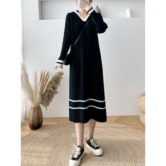 Urban Long Sleeves Loose Striped V-Neck Hooded Sweater Dresses Urban Long Sleeves Loose Striped V-Neck Hooded Sweater Dresses