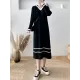 Urban Long Sleeves Loose Striped V-Neck Hooded Sweater Dresses Urban Long Sleeves Loose Striped V-Neck Hooded Sweater Dresses