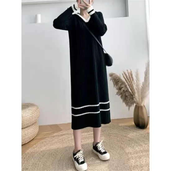 Urban Long Sleeves Loose Striped V-Neck Hooded Sweater Dresses Urban Long Sleeves Loose Striped V-Neck Hooded Sweater Dresses