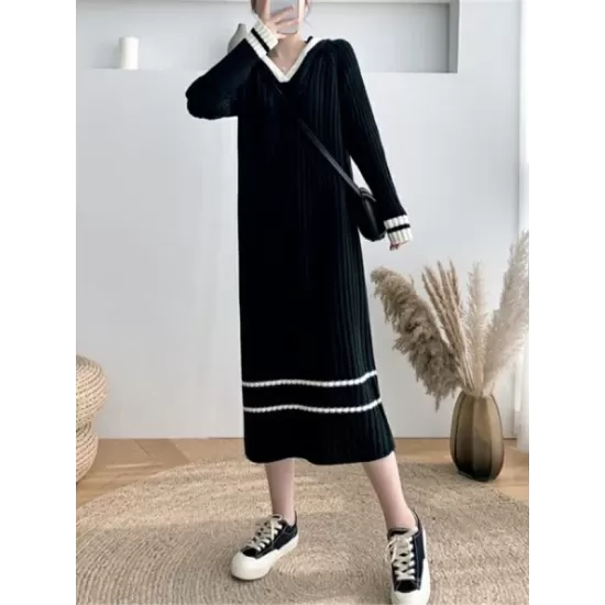 Urban Long Sleeves Loose Striped V-Neck Hooded Sweater Dresses Urban Long Sleeves Loose Striped V-Neck Hooded Sweater Dresses
