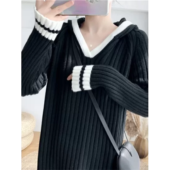 Urban Long Sleeves Loose Striped V-Neck Hooded Sweater Dresses Urban Long Sleeves Loose Striped V-Neck Hooded Sweater Dresses