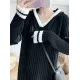 Urban Long Sleeves Loose Striped V-Neck Hooded Sweater Dresses Urban Long Sleeves Loose Striped V-Neck Hooded Sweater Dresses
