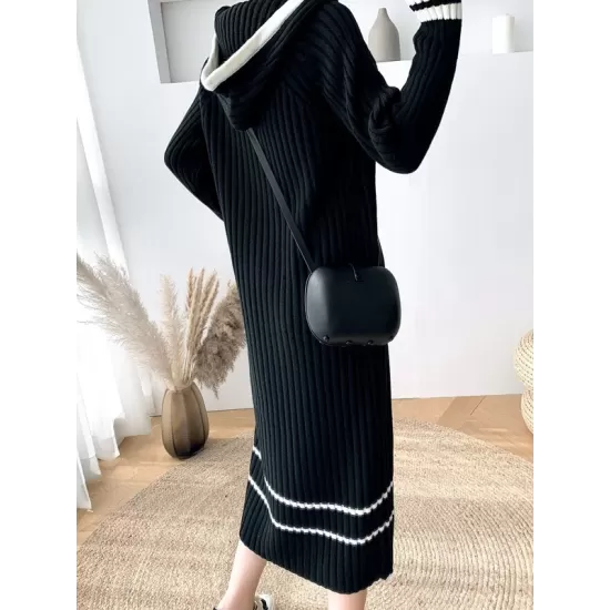 Urban Long Sleeves Loose Striped V-Neck Hooded Sweater Dresses Urban Long Sleeves Loose Striped V-Neck Hooded Sweater Dresses