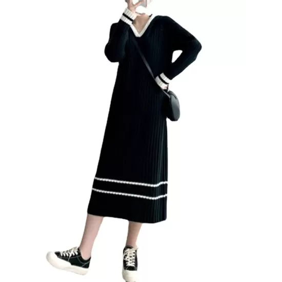 Urban Long Sleeves Loose Striped V-Neck Hooded Sweater Dresses Urban Long Sleeves Loose Striped V-Neck Hooded Sweater Dresses