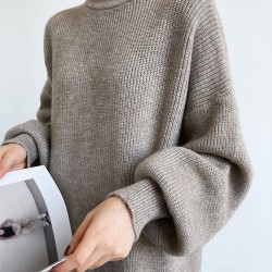 Urban Loose Puff Sleeves Solid Color High-Neck Sweater Dresses