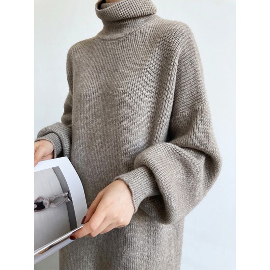 Urban Loose Puff Sleeves Solid Color High-Neck Sweater Dresses Urban Loose Puff Sleeves Solid Color High-Neck Sweater Dresses