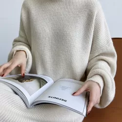 Urban Loose Puff Sleeves Solid Color High-Neck Sweater Dresses