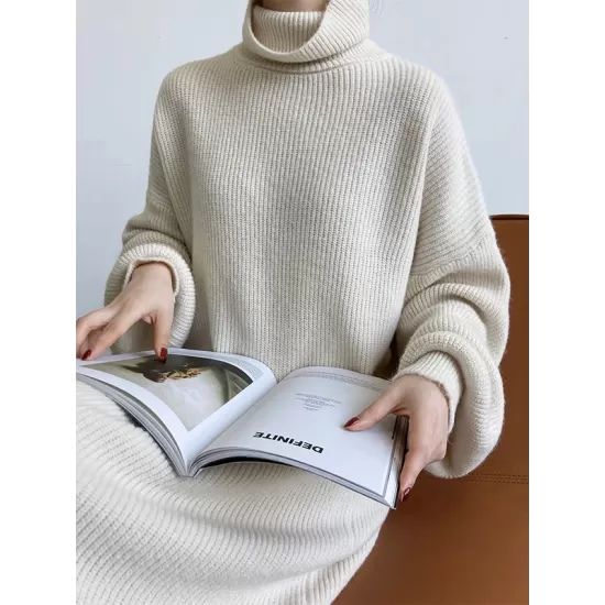 Urban Loose Puff Sleeves Solid Color High-Neck Sweater Dresses Urban Loose Puff Sleeves Solid Color High-Neck Sweater Dresses
