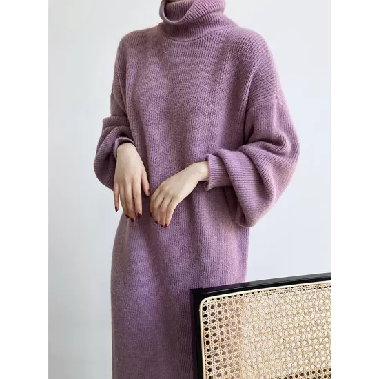 Urban Loose Puff Sleeves Solid Color High-Neck Sweater Dresses Urban Loose Puff Sleeves Solid Color High-Neck Sweater Dresses