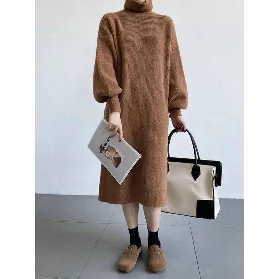 Urban Loose Puff Sleeves Solid Color High-Neck Sweater Dresses Urban Loose Puff Sleeves Solid Color High-Neck Sweater Dresses