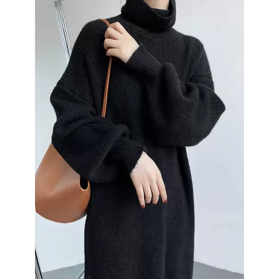 Urban Loose Puff Sleeves Solid Color High-Neck Sweater Dresses Urban Loose Puff Sleeves Solid Color High-Neck Sweater Dresses