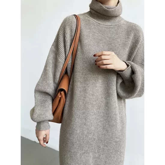 Urban Loose Puff Sleeves Solid Color High-Neck Sweater Dresses Urban Loose Puff Sleeves Solid Color High-Neck Sweater Dresses