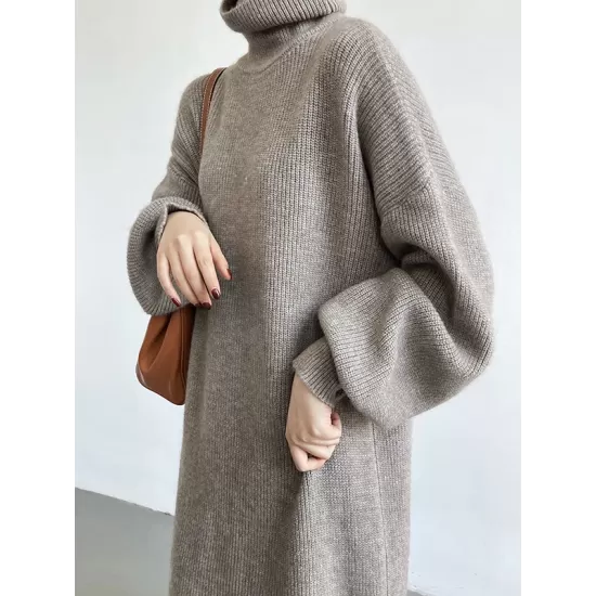 Urban Loose Puff Sleeves Solid Color High-Neck Sweater Dresses Urban Loose Puff Sleeves Solid Color High-Neck Sweater Dresses
