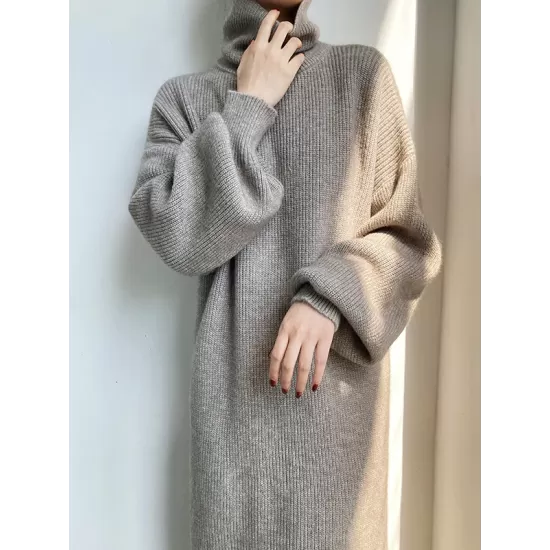 Urban Loose Puff Sleeves Solid Color High-Neck Sweater Dresses Urban Loose Puff Sleeves Solid Color High-Neck Sweater Dresses