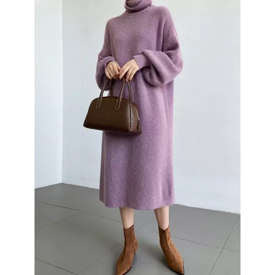 Urban Loose Puff Sleeves Solid Color High-Neck Sweater Dresses Urban Loose Puff Sleeves Solid Color High-Neck Sweater Dresses