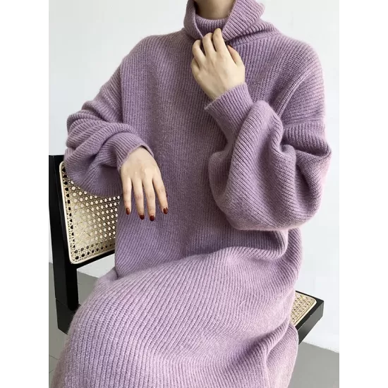 Urban Loose Puff Sleeves Solid Color High-Neck Sweater Dresses Urban Loose Puff Sleeves Solid Color High-Neck Sweater Dresses