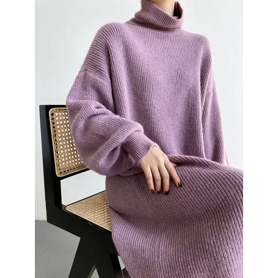 Urban Loose Puff Sleeves Solid Color High-Neck Sweater Dresses Urban Loose Puff Sleeves Solid Color High-Neck Sweater Dresses