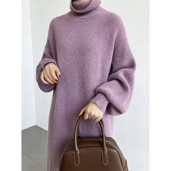 Urban Loose Puff Sleeves Solid Color High-Neck Sweater Dresses Urban Loose Puff Sleeves Solid Color High-Neck Sweater Dresses