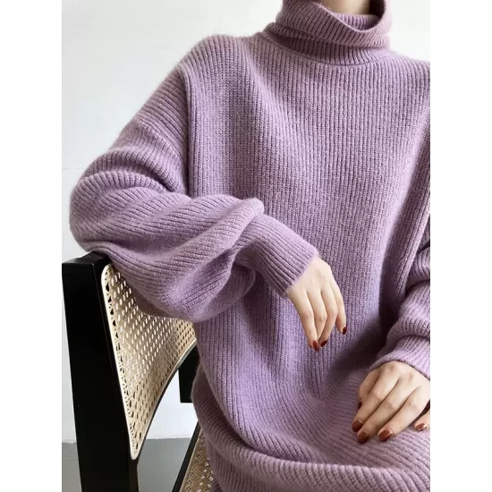 Urban Loose Puff Sleeves Solid Color High-Neck Sweater Dresses Urban Loose Puff Sleeves Solid Color High-Neck Sweater Dresses