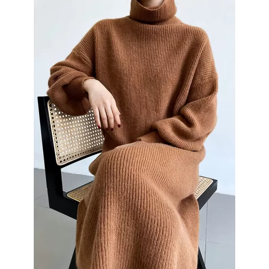 Urban Loose Puff Sleeves Solid Color High-Neck Sweater Dresses Urban Loose Puff Sleeves Solid Color High-Neck Sweater Dresses