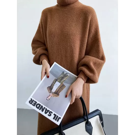 Urban Loose Puff Sleeves Solid Color High-Neck Sweater Dresses Urban Loose Puff Sleeves Solid Color High-Neck Sweater Dresses