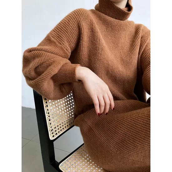 Urban Loose Puff Sleeves Solid Color High-Neck Sweater Dresses Urban Loose Puff Sleeves Solid Color High-Neck Sweater Dresses