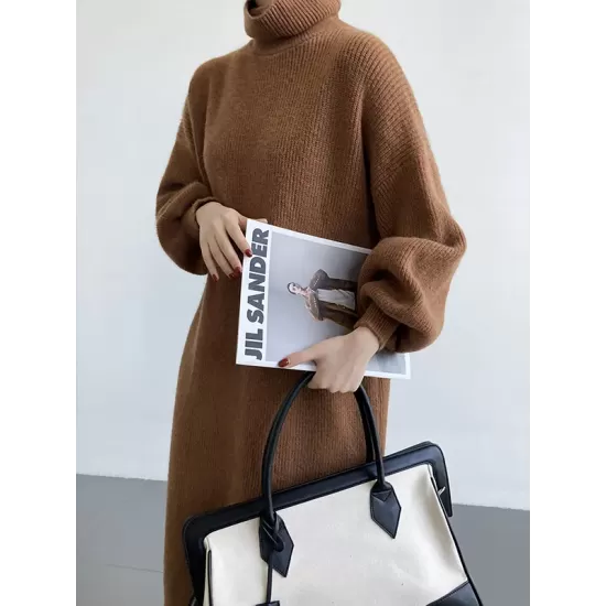 Urban Loose Puff Sleeves Solid Color High-Neck Sweater Dresses Urban Loose Puff Sleeves Solid Color High-Neck Sweater Dresses